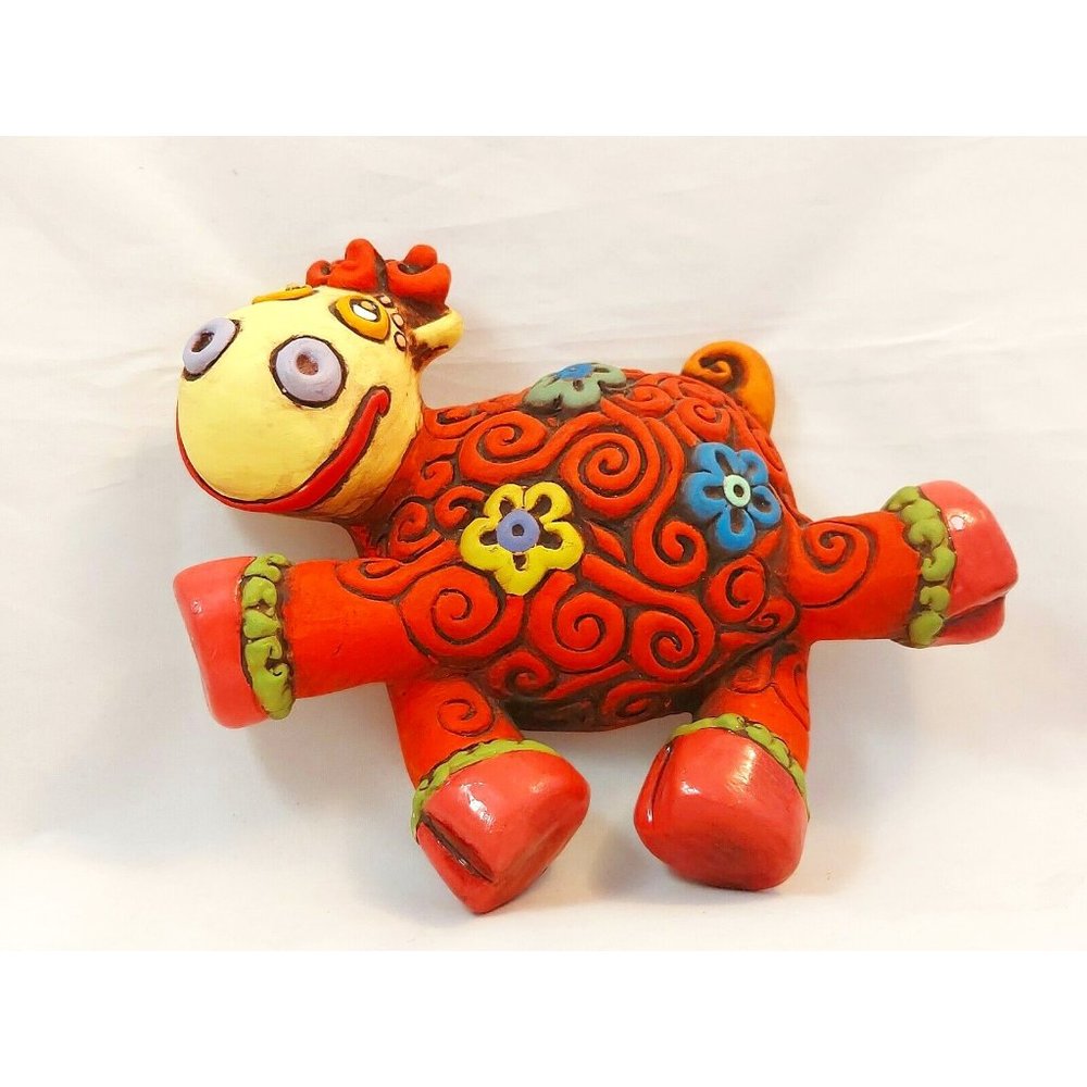 Vintage whimsical flower girl cow wall hanging figurine pottery 6.5" handmade